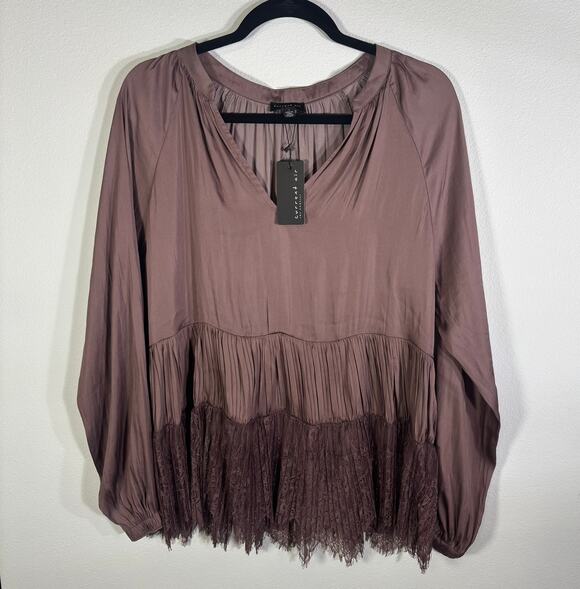 Current Air Tops - NWT Current Air Los Angeles M Blouse Mauve Pleated Lace Hem Boho Romantic